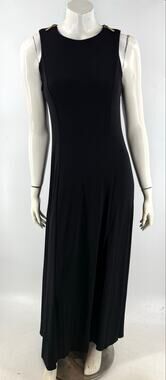Michael Kors Womens Maxi Dress Size Small Black Gold Shoulder Zip Front Slit